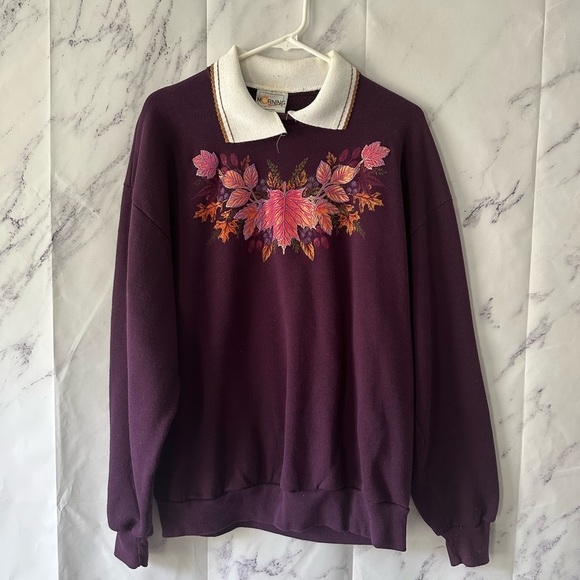 VINTAGE 90s COLLARED SWEATSHIRT FALL LEAF DESIGN PURPLE LARGE MADE IN USA - Picture 1 of 9